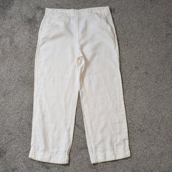 CHICO'S White Linen High Rise Straight Leg Pull-On Crop Pants; Size 8 Regular - Picture 1 of 5